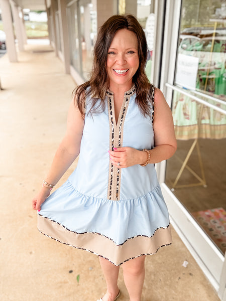 Baby Blue Leopard Trim Dress