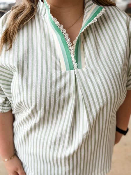 Mint Green Meadow Striped Top: Plus Size