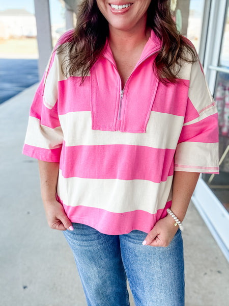 Pink & Cream Half Zip Top