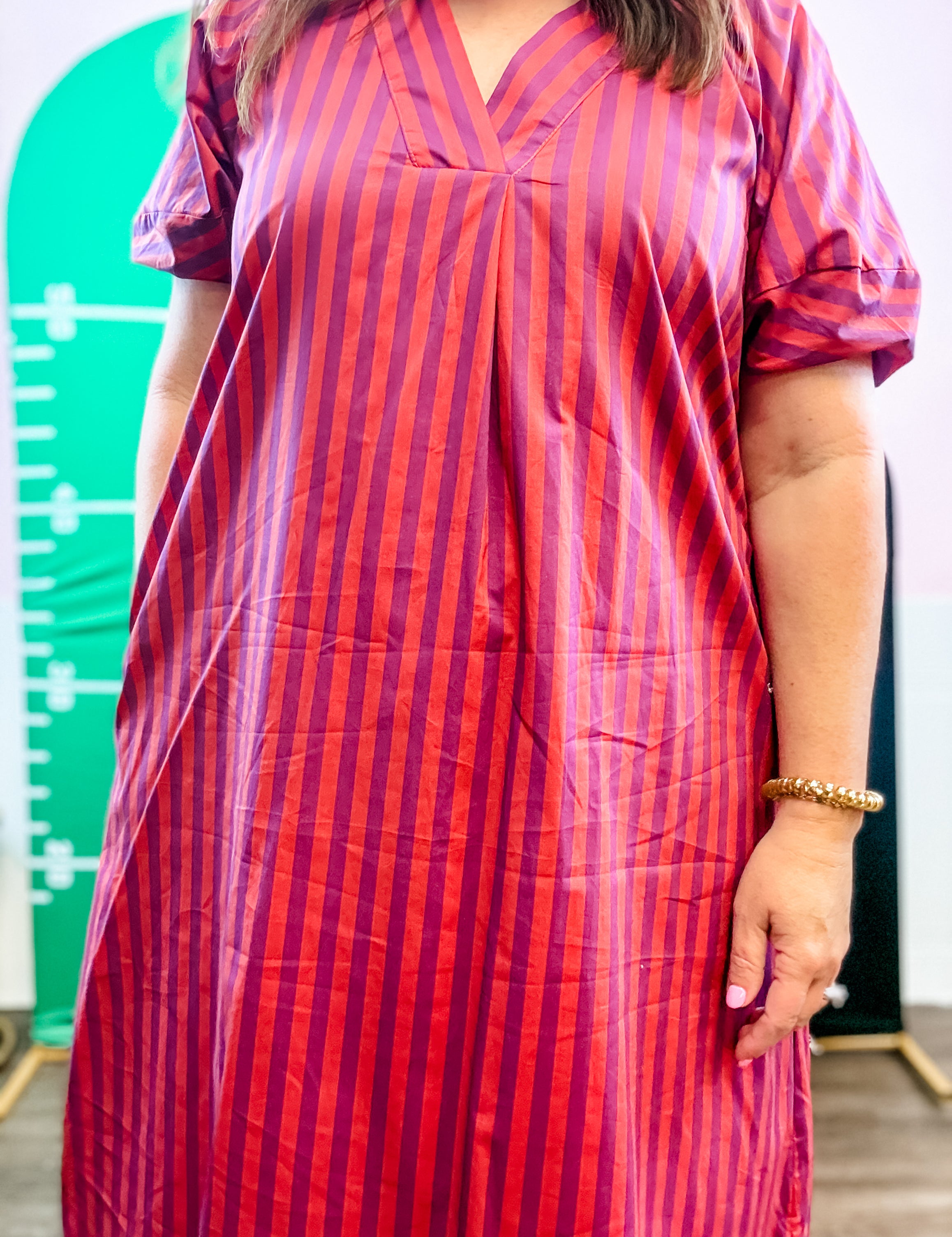 Plum Stripe Puff-Sleeve Midi Dress