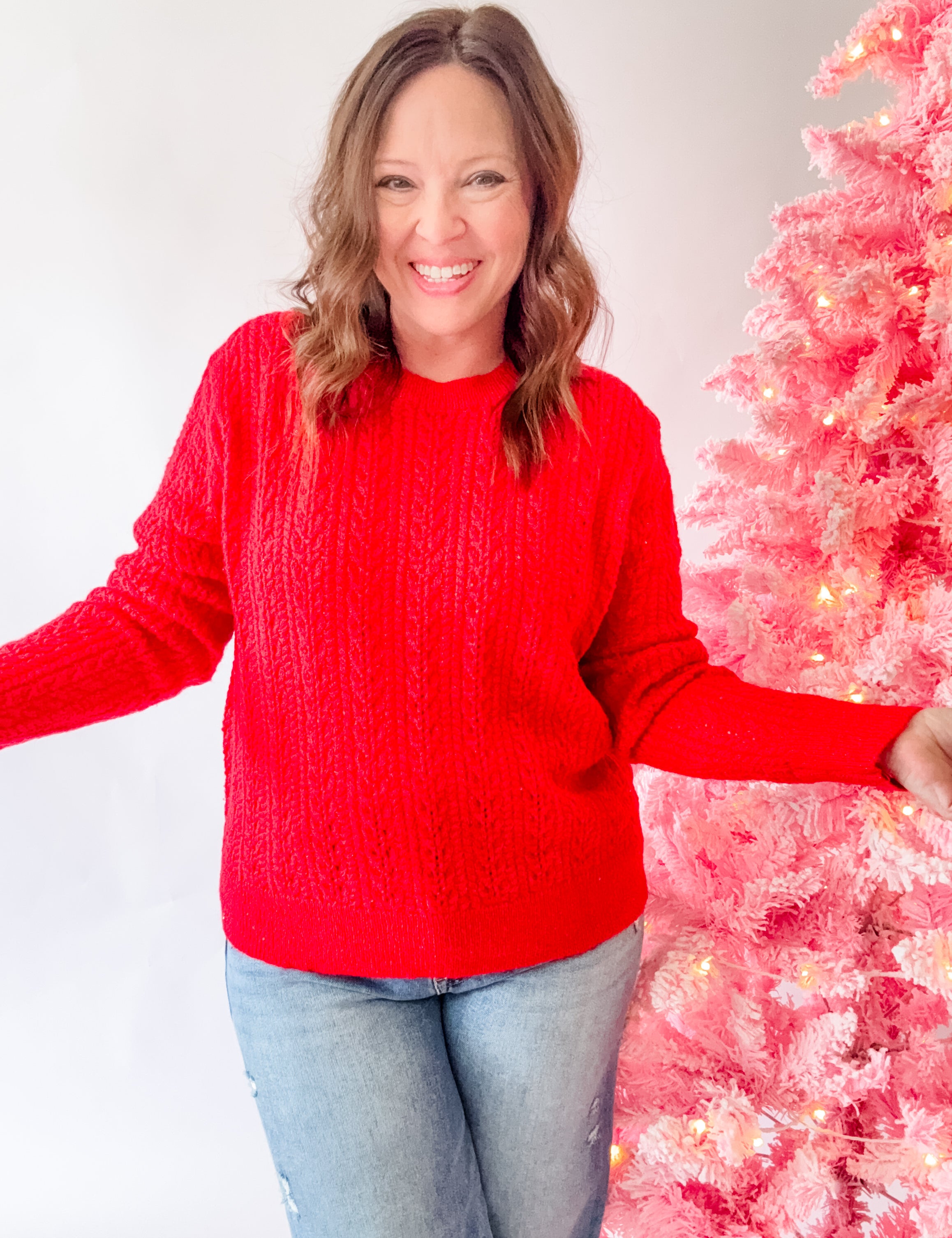 Red Sparkle Textured Knit Sweater