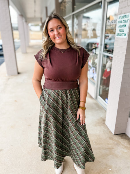 Olive Pines Plaid Midi Dress