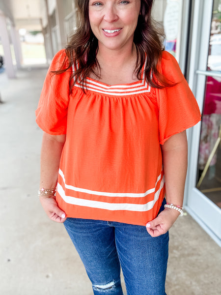 Orange Striped Square Neck Top