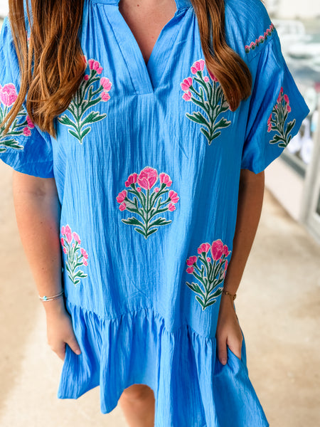 Ocean Ruffle Embroidery Dress