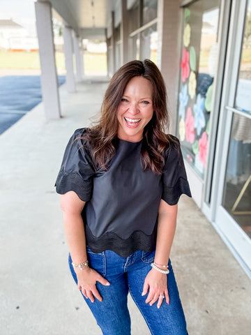 Black Scalloped Embroidered Top