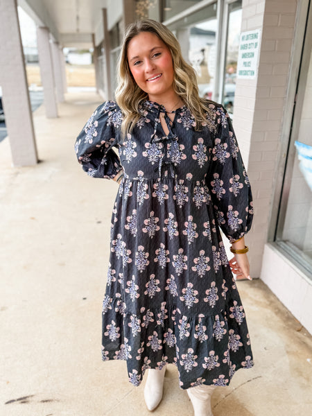 Midnight Petals Tie-Neck Dress