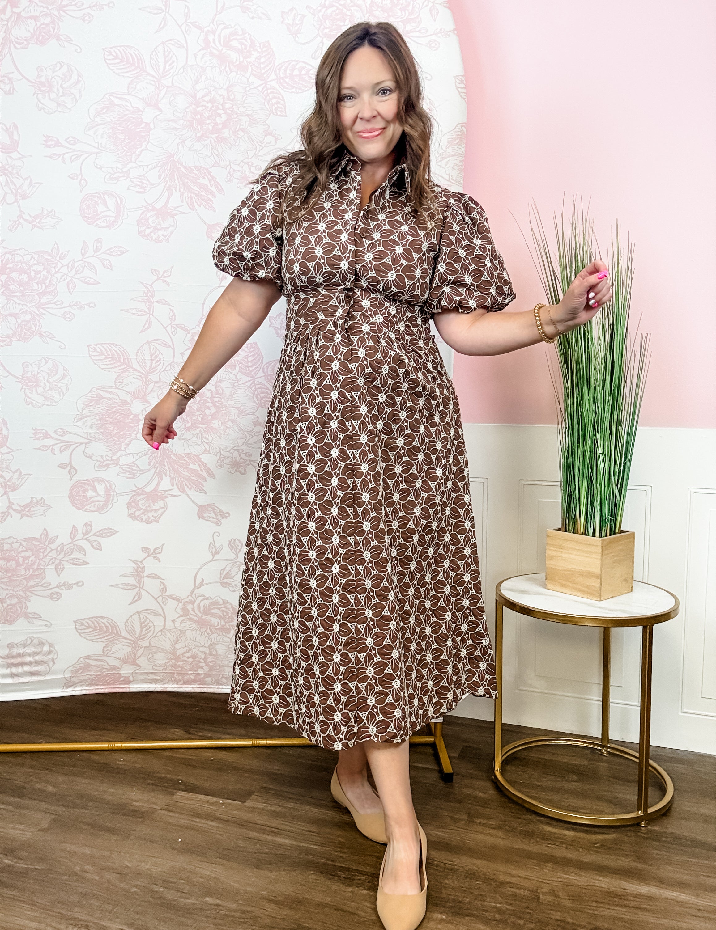 Brown Floral Eyelet Button-Down Midi Dress