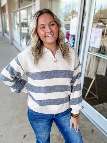 Cozy Latte Stripe Polo Sweater