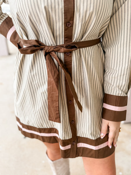 Sandstone Stripes Belted Shirt Dress