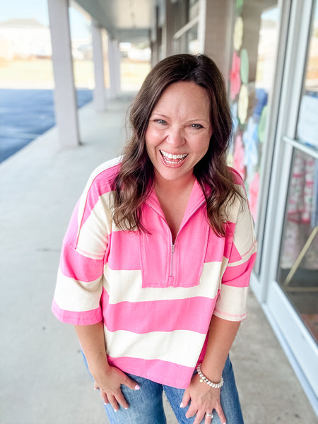 Pink & Cream Half Zip Top