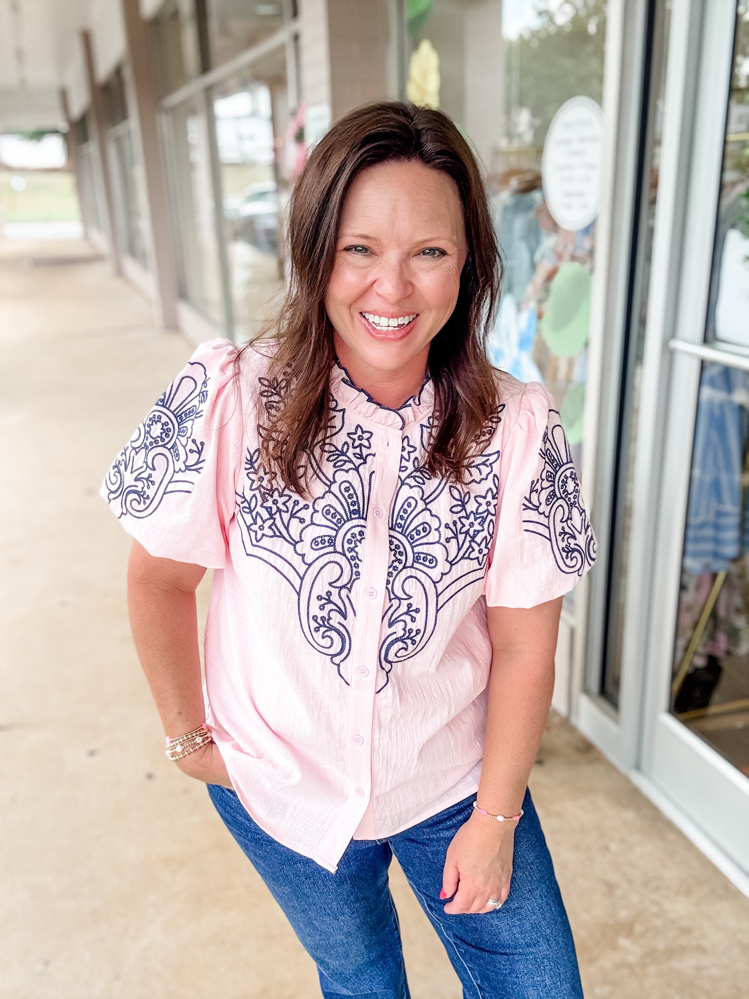 Pale Pink Navy Embroidered Top