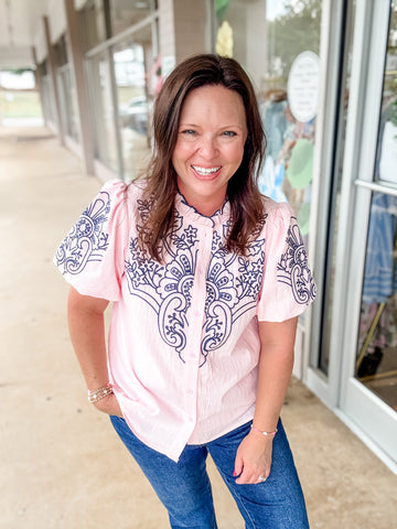 Pale Pink Navy Embroidered Top