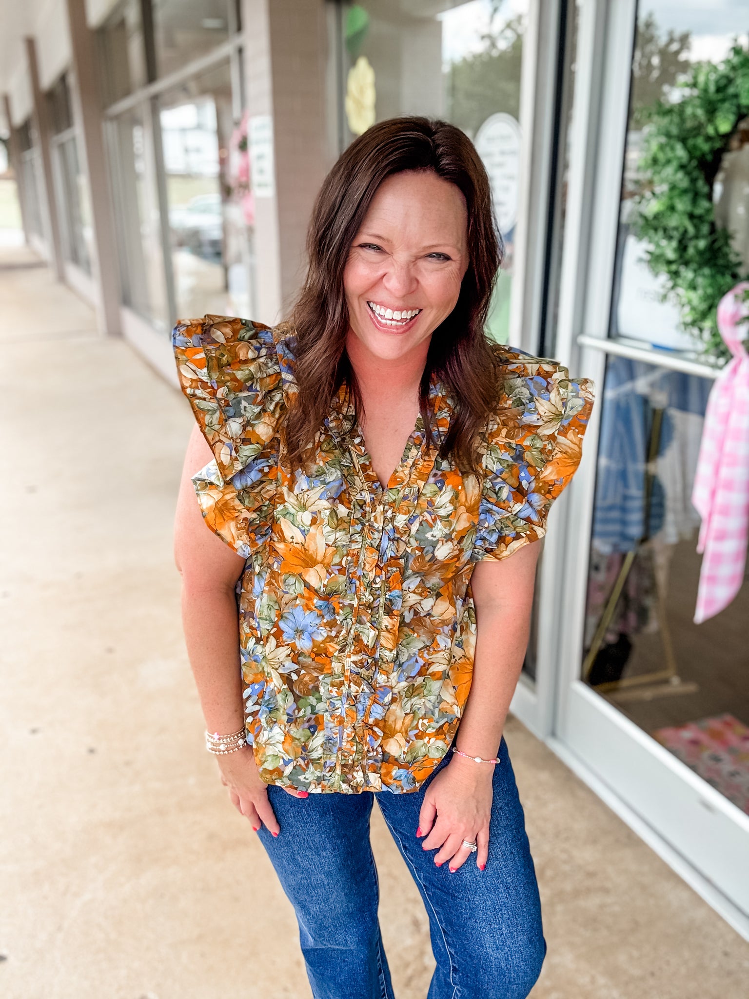 Mustard & Blue Floral Ruffle Top