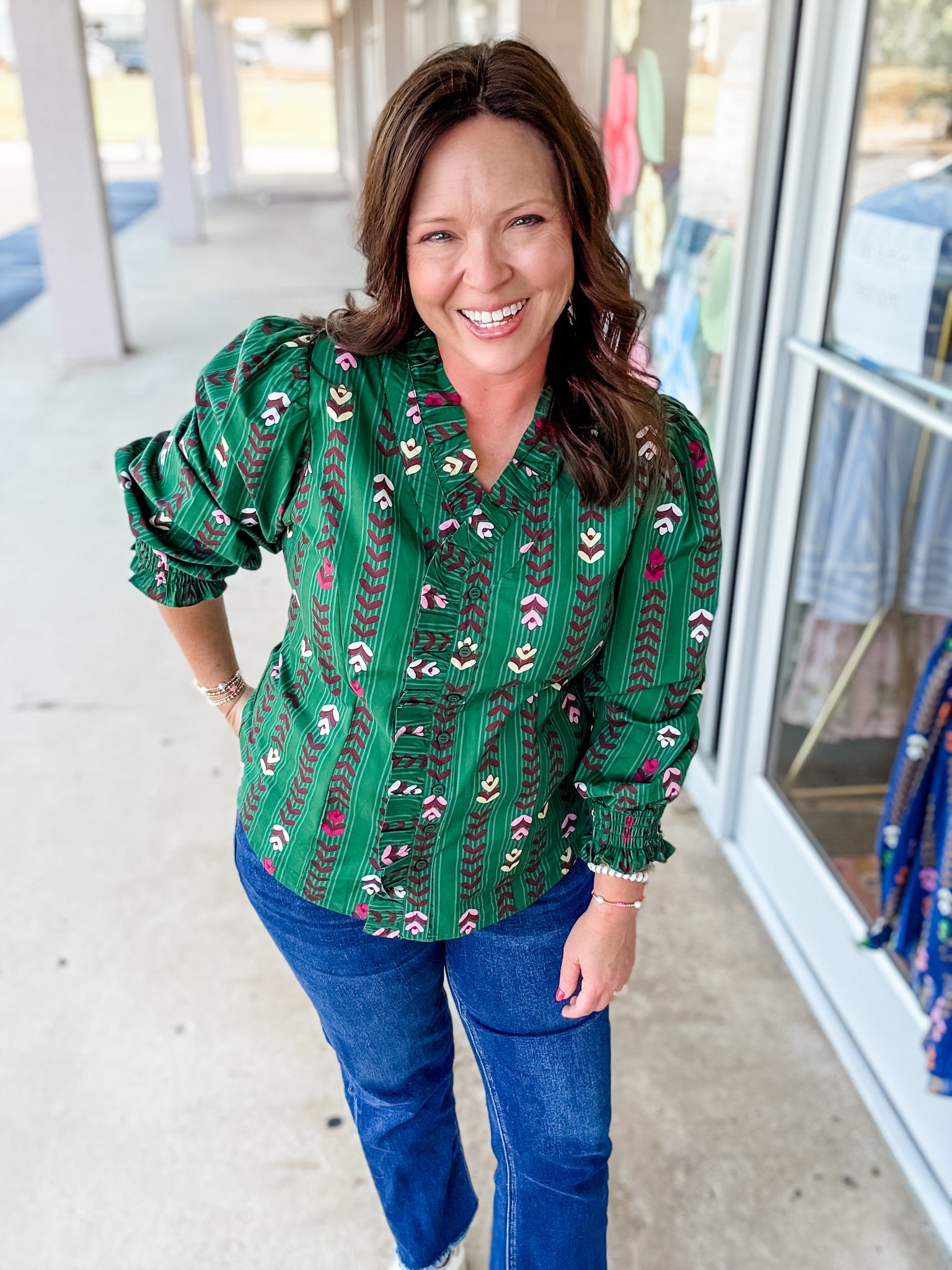 Olive Floral Ruffle Top