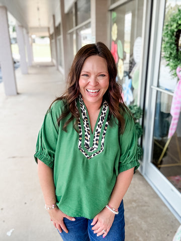 Green Leopard Trim Top