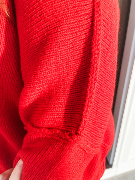 Drop Shoulder Mock Sweater:  red