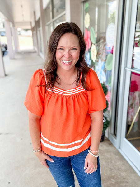 Orange Striped Square Neck Top