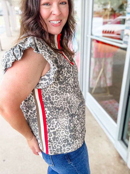 Gray Leopard Red & Ivory Trim Top