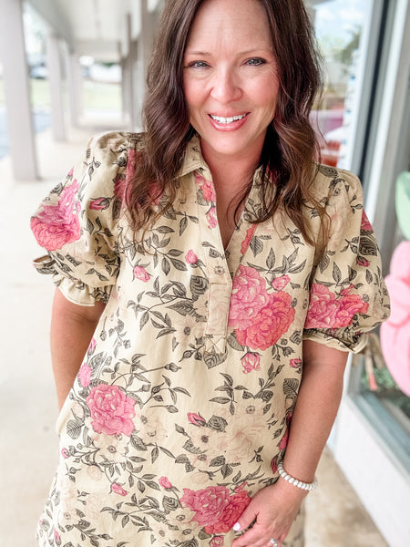Soft Tan Rose Print Dress