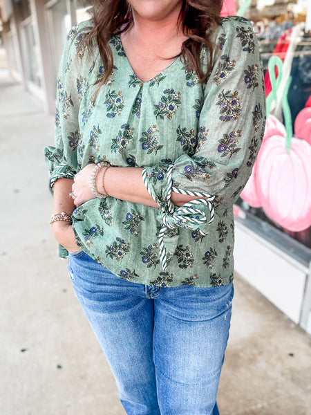 Sage Blossom Tie Blouse