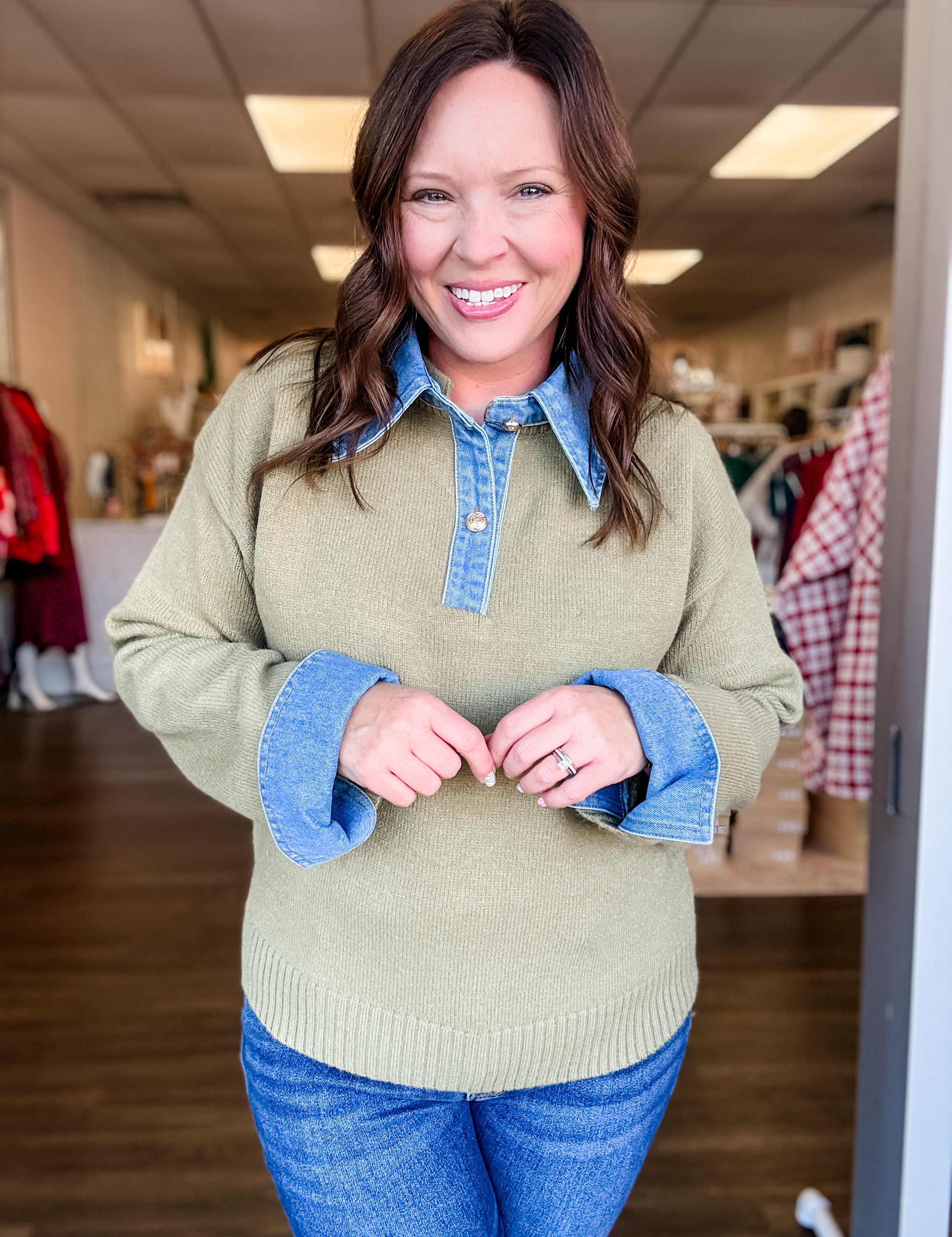 Olive Denim Collar Knit Sweater