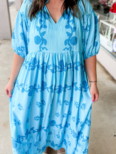 Azure Bloom Midi Dress - Just a Small Town Girl
