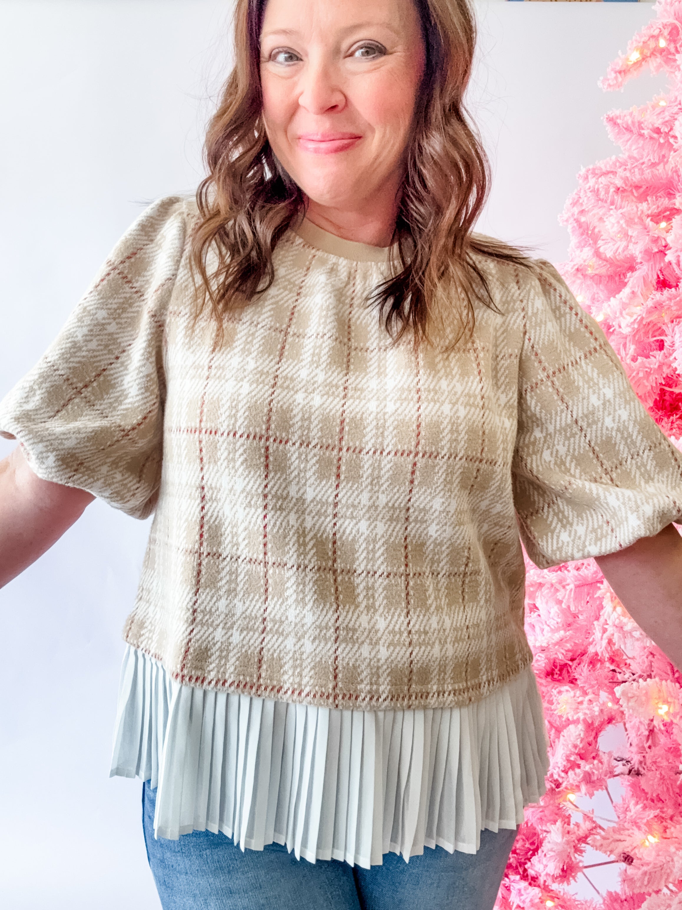 Beige Plaid Pleated Hem Puff Sleeve Top - Just a Small Town Girl
