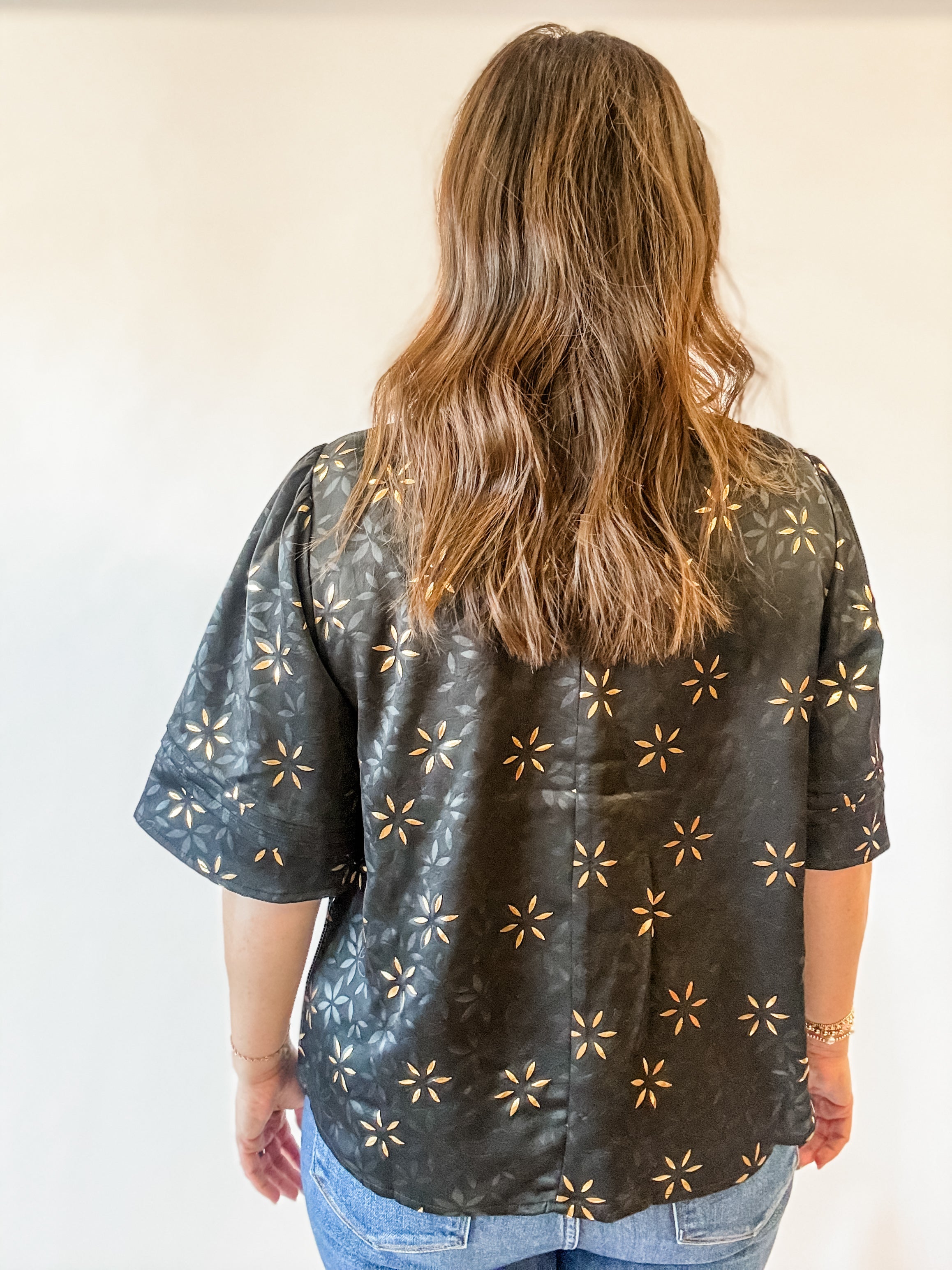 Black and Gold Satin Flutter Sleeve Top - Just a Small Town Girl