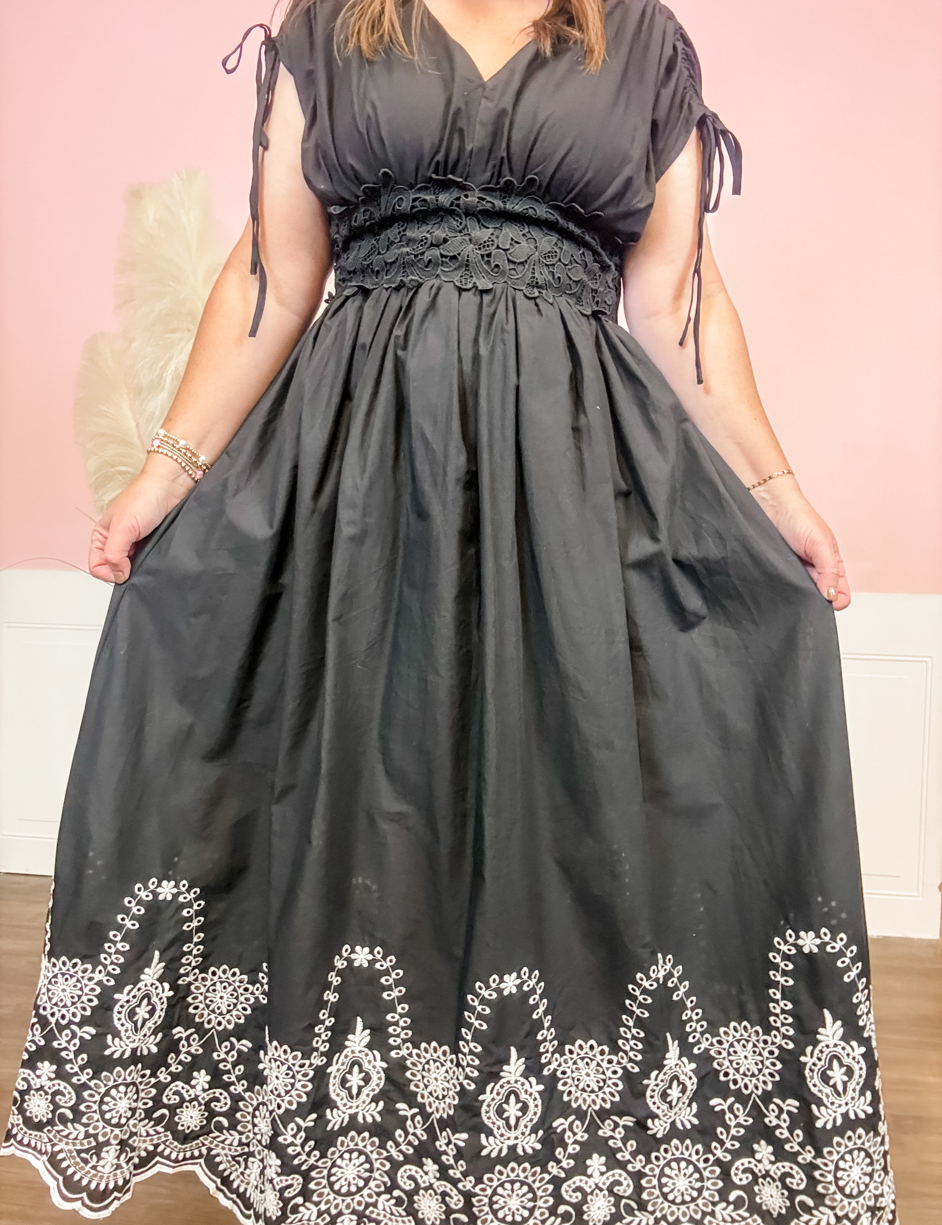 Black Crochet Waist Embroidered Hem Dress - Just a Small Town Girl