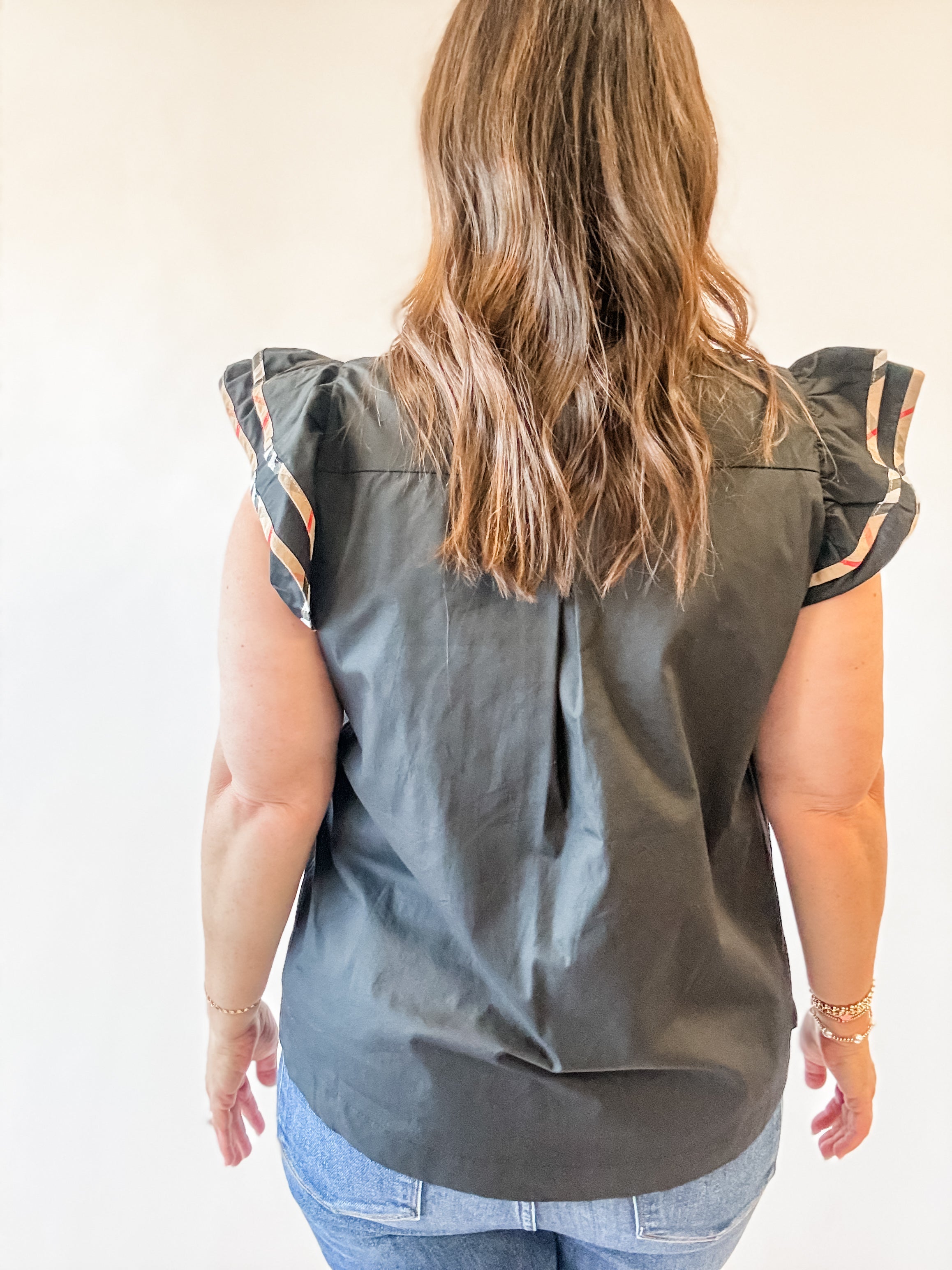 Black Plaid Bib Ruffle Sleeve Top - Just a Small Town Girl
