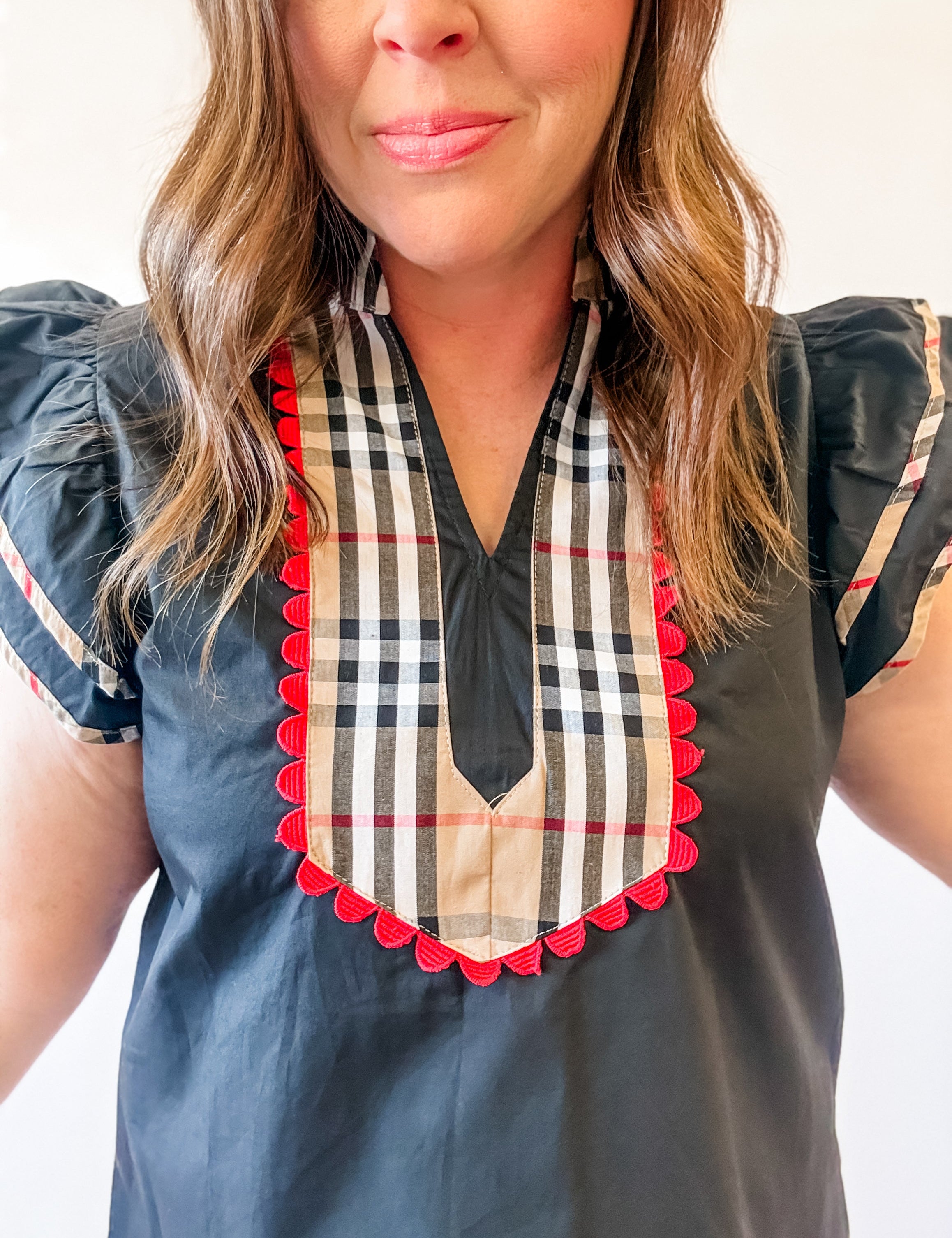 Black Plaid Bib Ruffle Sleeve Top - Just a Small Town Girl