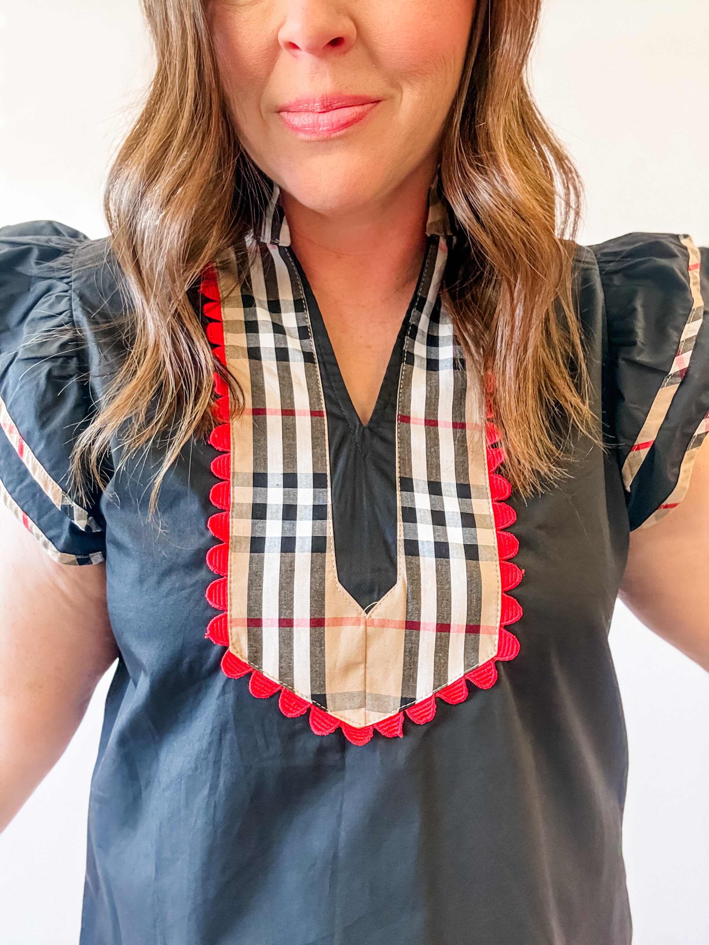 Black Plaid Bib Ruffle Sleeve Top - Just a Small Town Girl