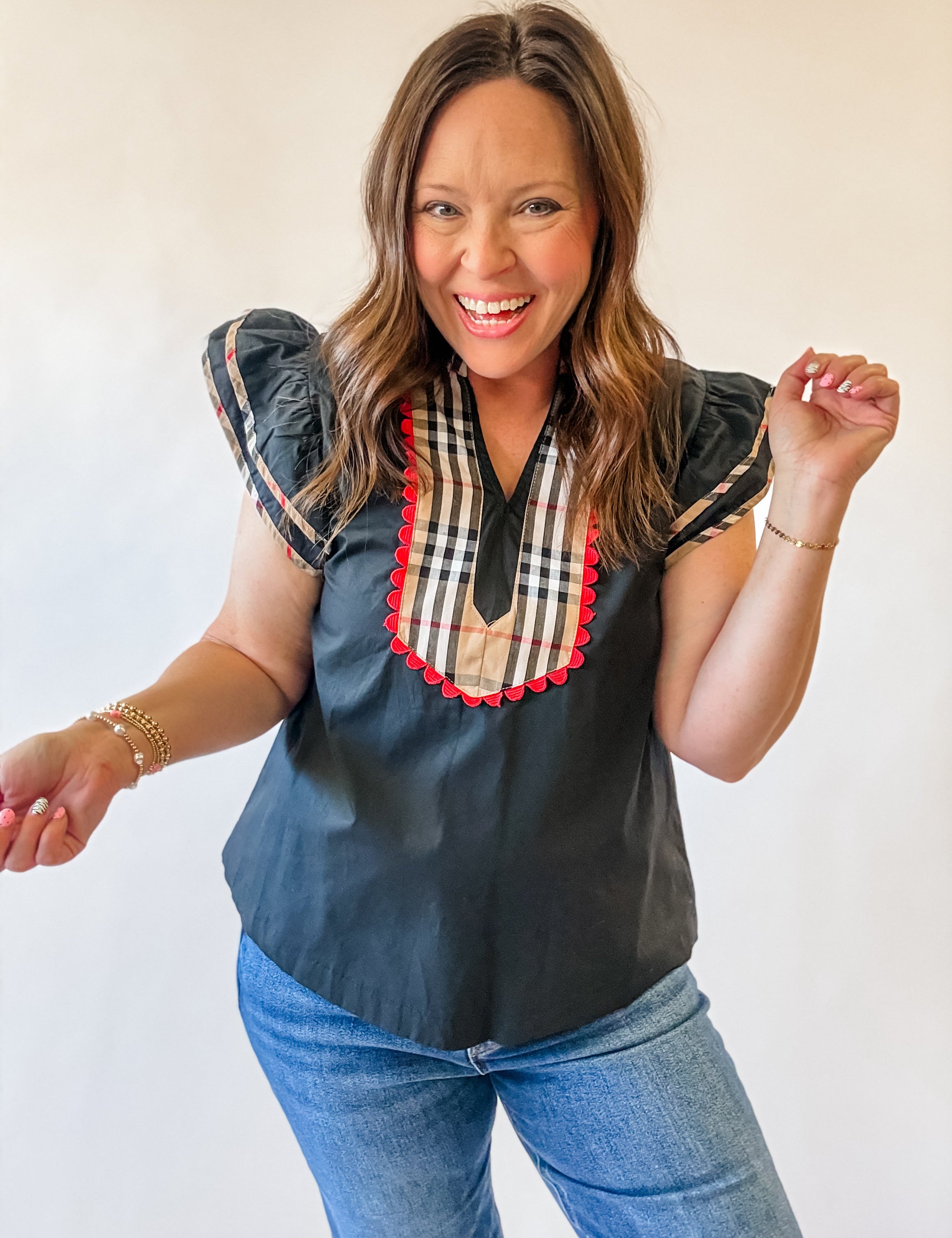 Black Plaid Bib Ruffle Sleeve Top - Just a Small Town Girl