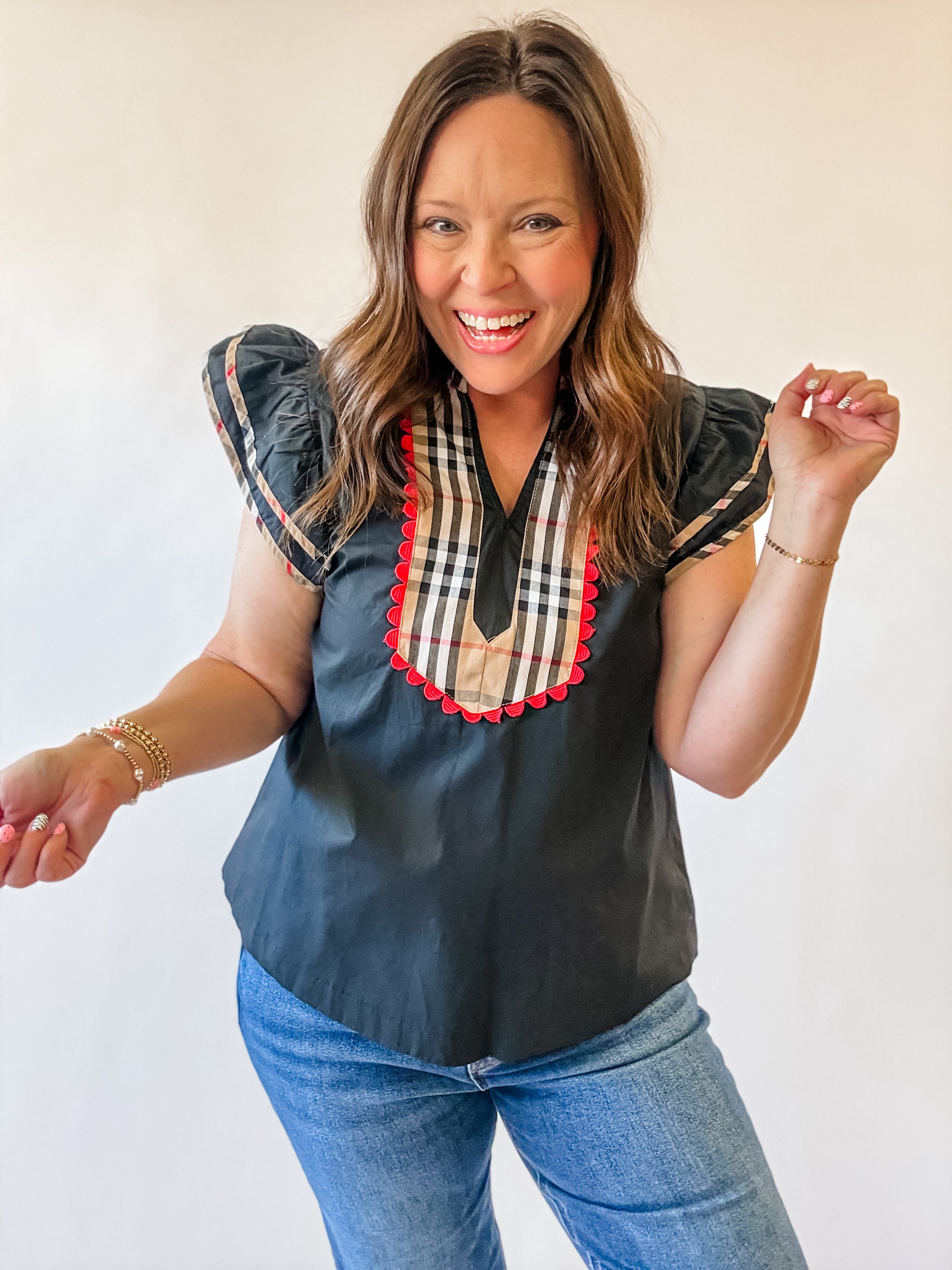 Black Plaid Bib Ruffle Sleeve Top - Just a Small Town Girl