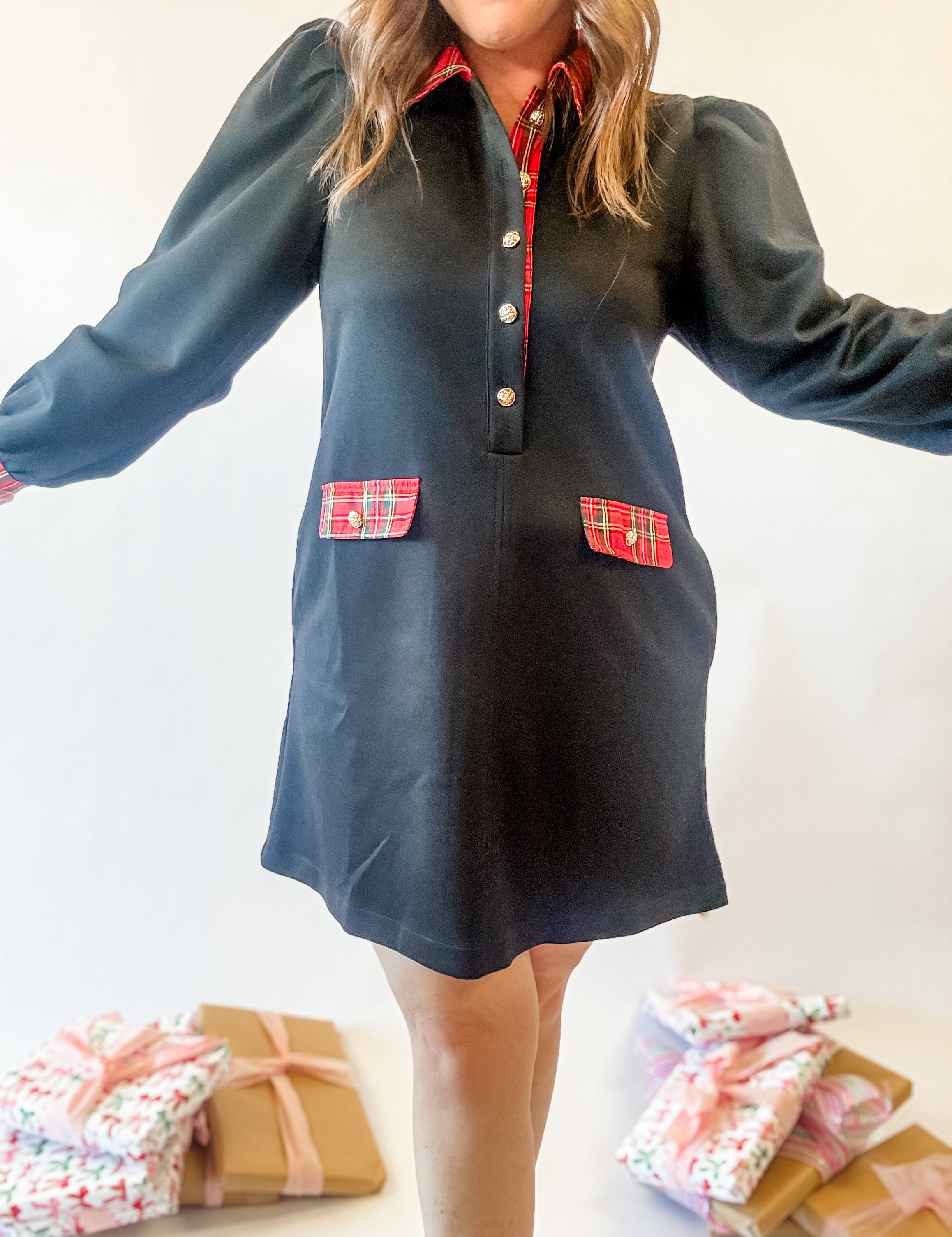Black Plaid Trim Gold Button Dress - Just a Small Town Girl