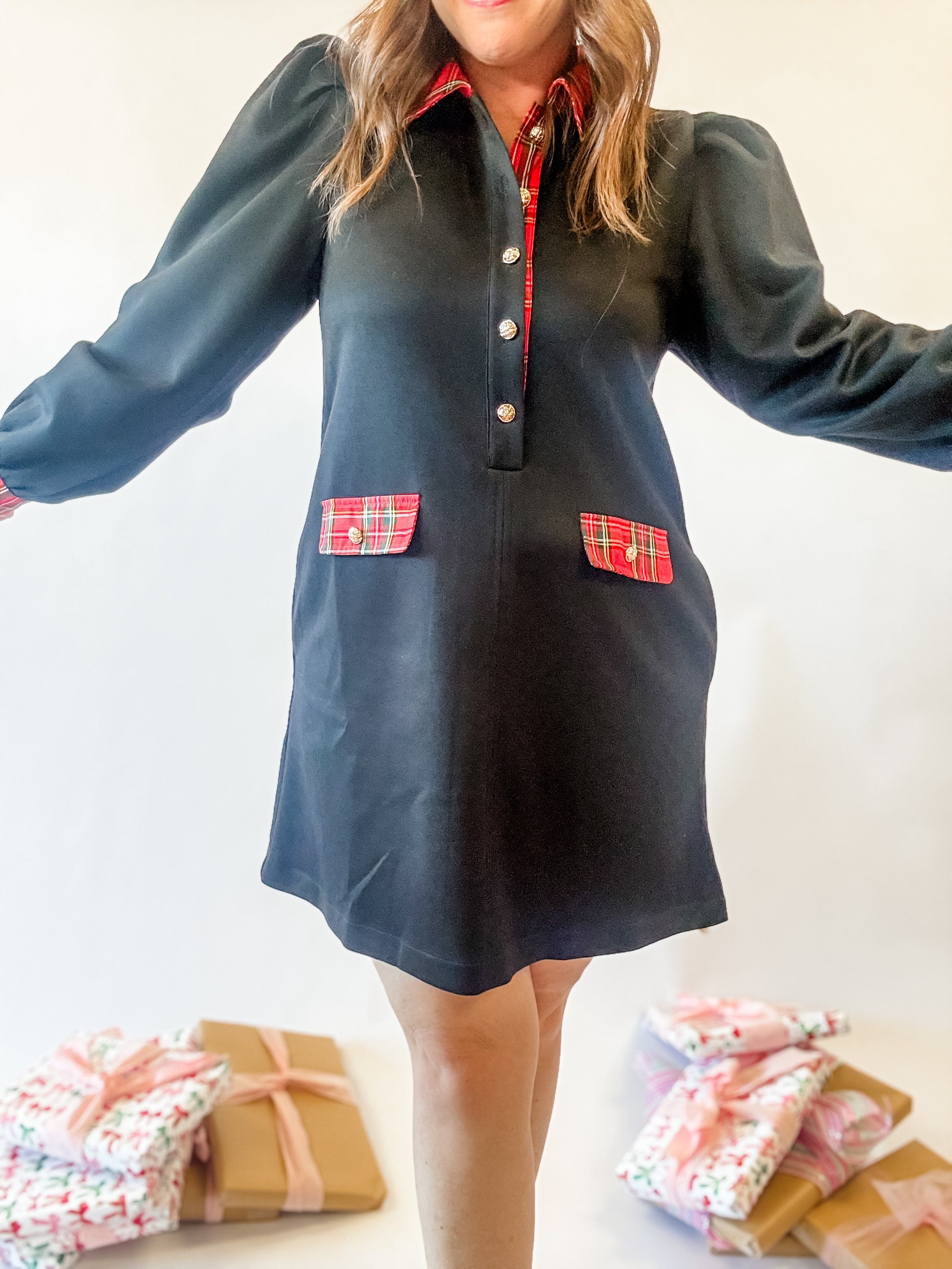 Black Plaid Trim Gold Button Dress - Just a Small Town Girl