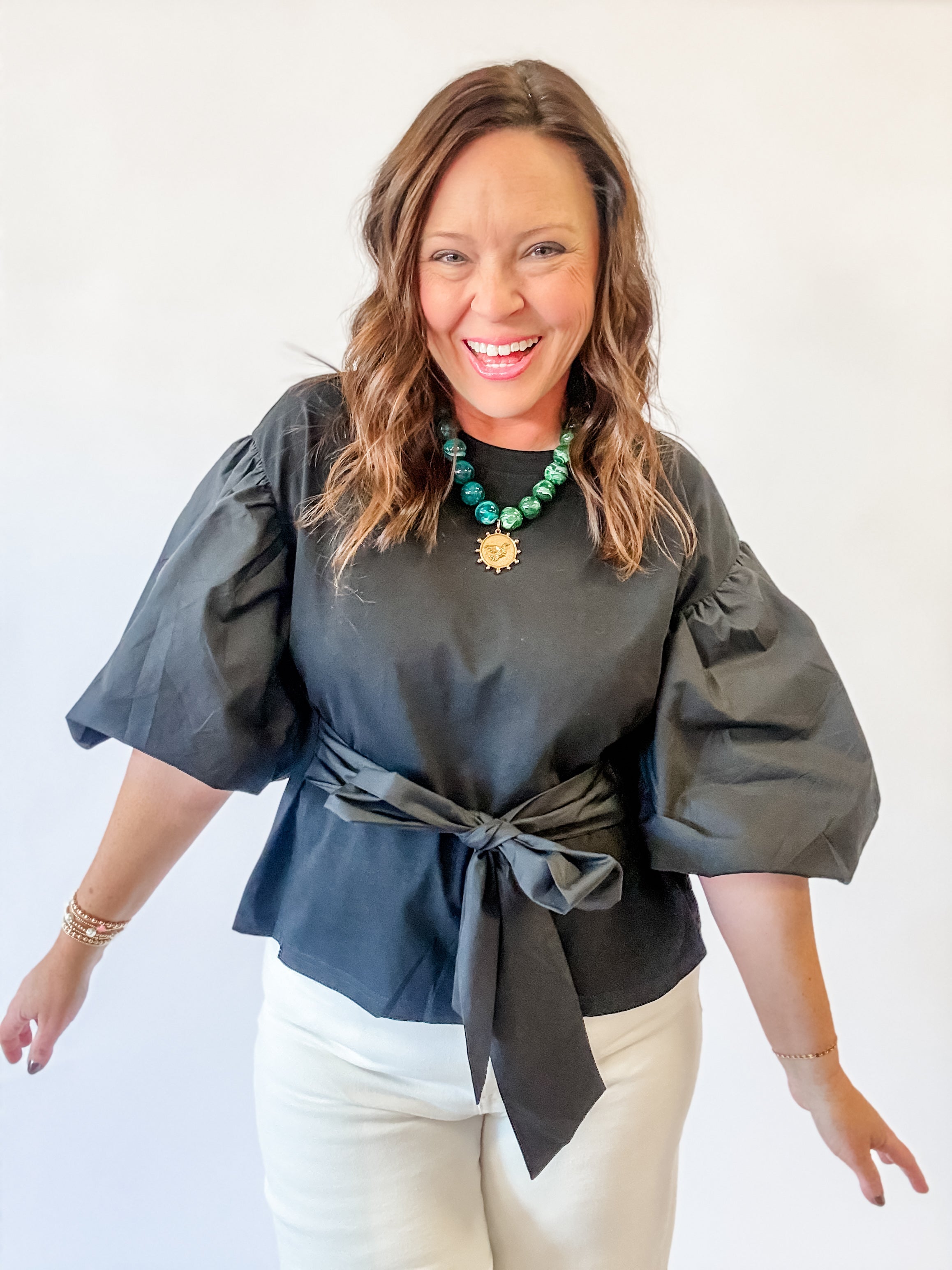 Black Puff Sleeve Bow Top - Just a Small Town Girl