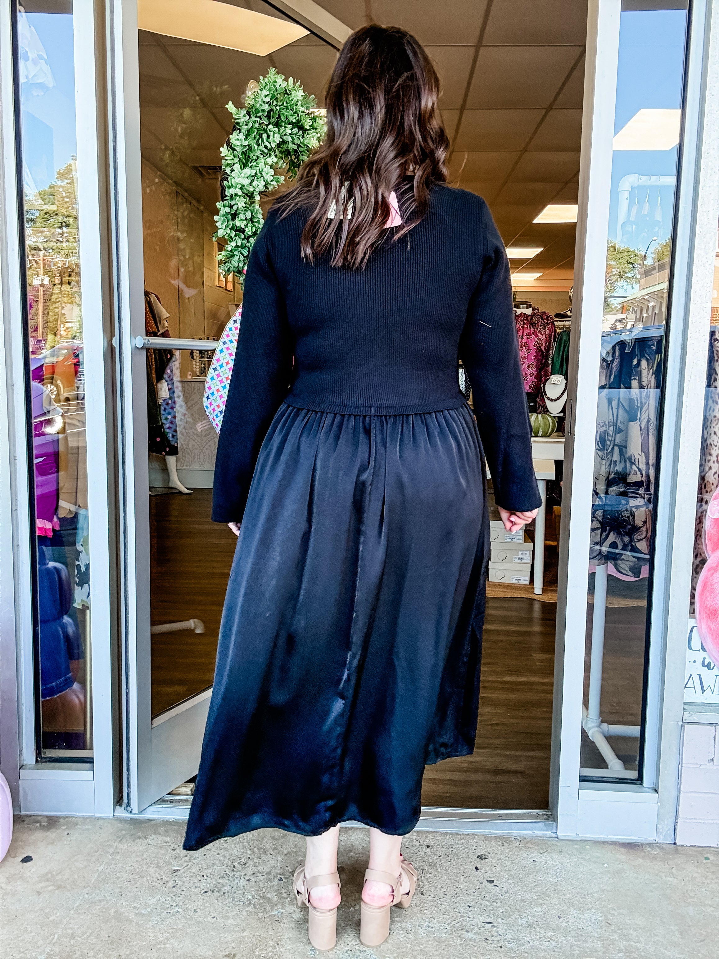 Black Sweater Satin Midi Dress - Just a Small Town Girl