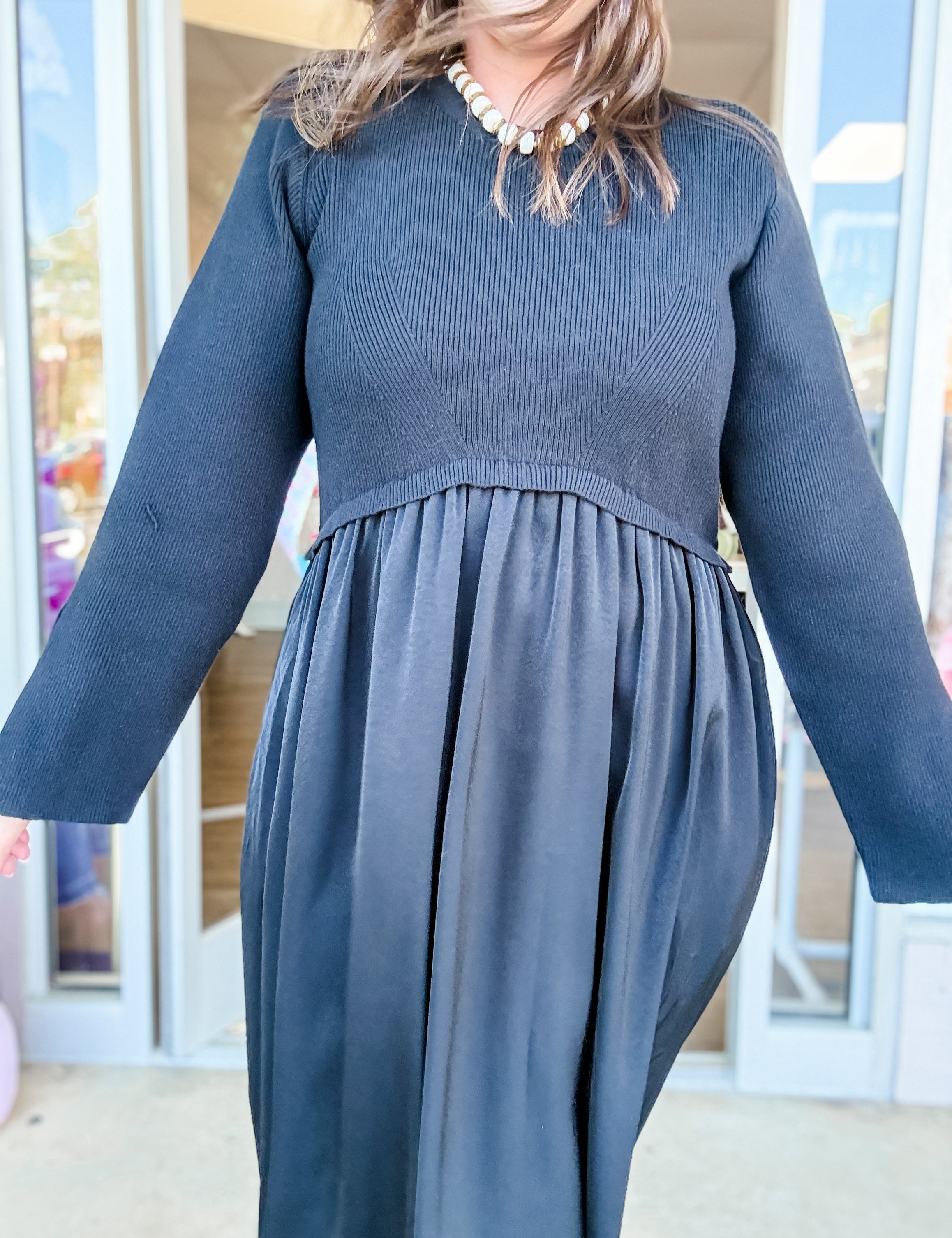 Black Sweater Satin Midi Dress - Just a Small Town Girl
