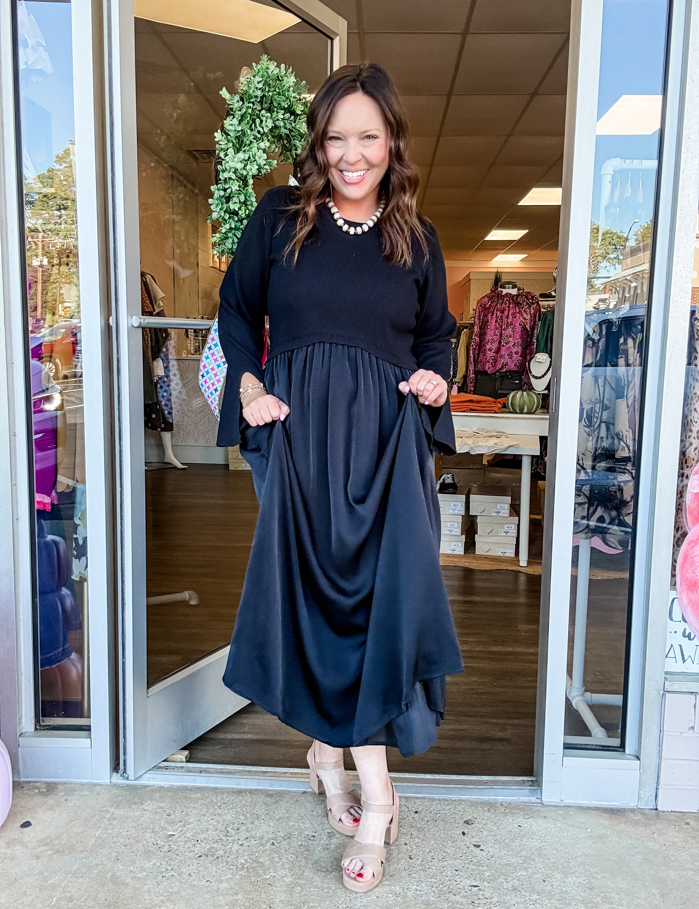 Black Sweater Satin Midi Dress - Just a Small Town Girl