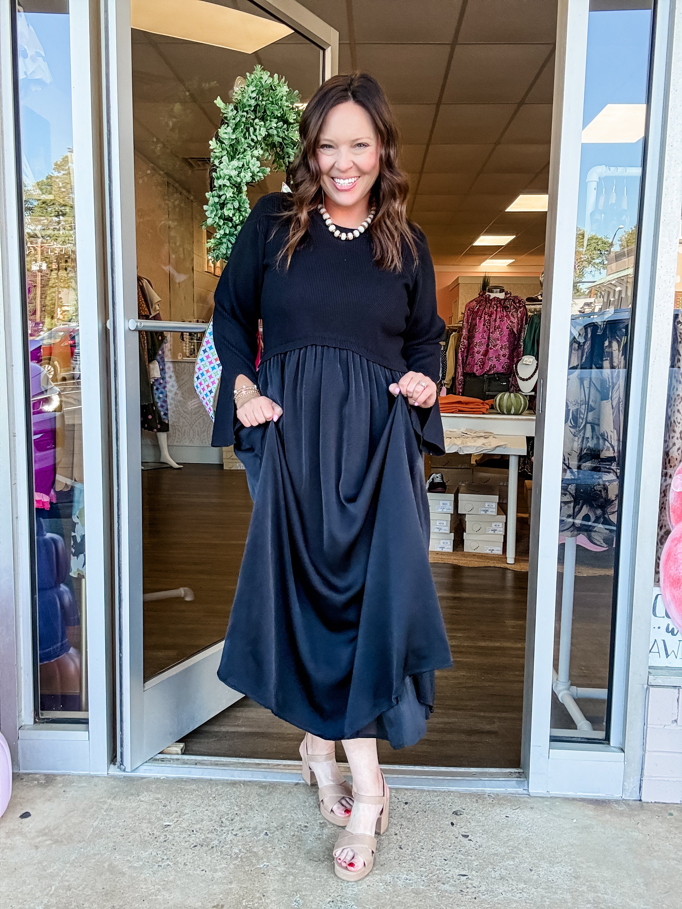 Black Sweater Satin Midi Dress - Just a Small Town Girl