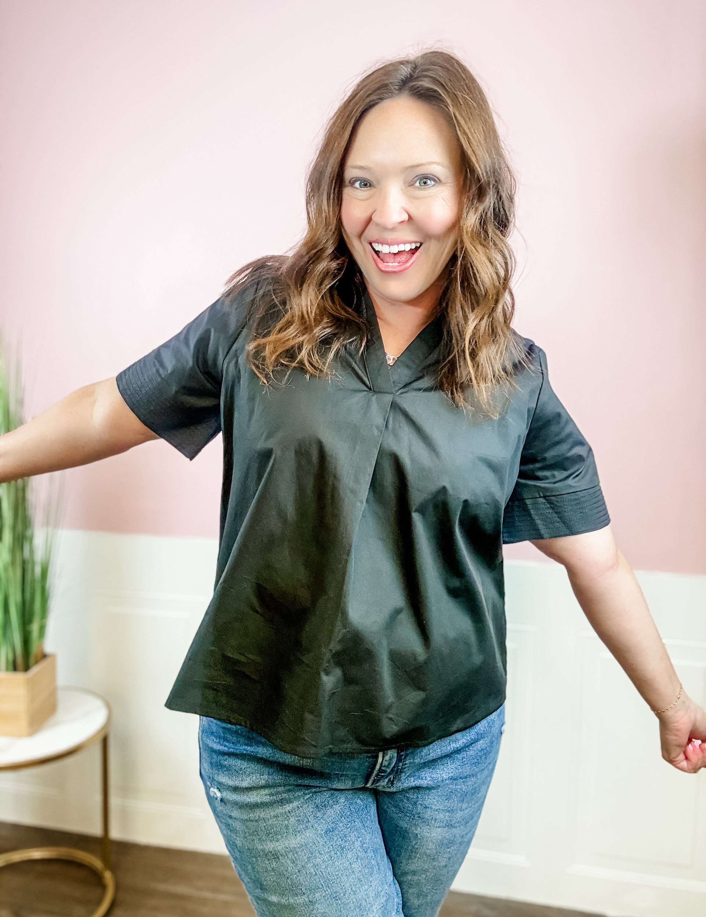 Black V-Neck Pintuck Sleeve Top - Just a Small Town Girl