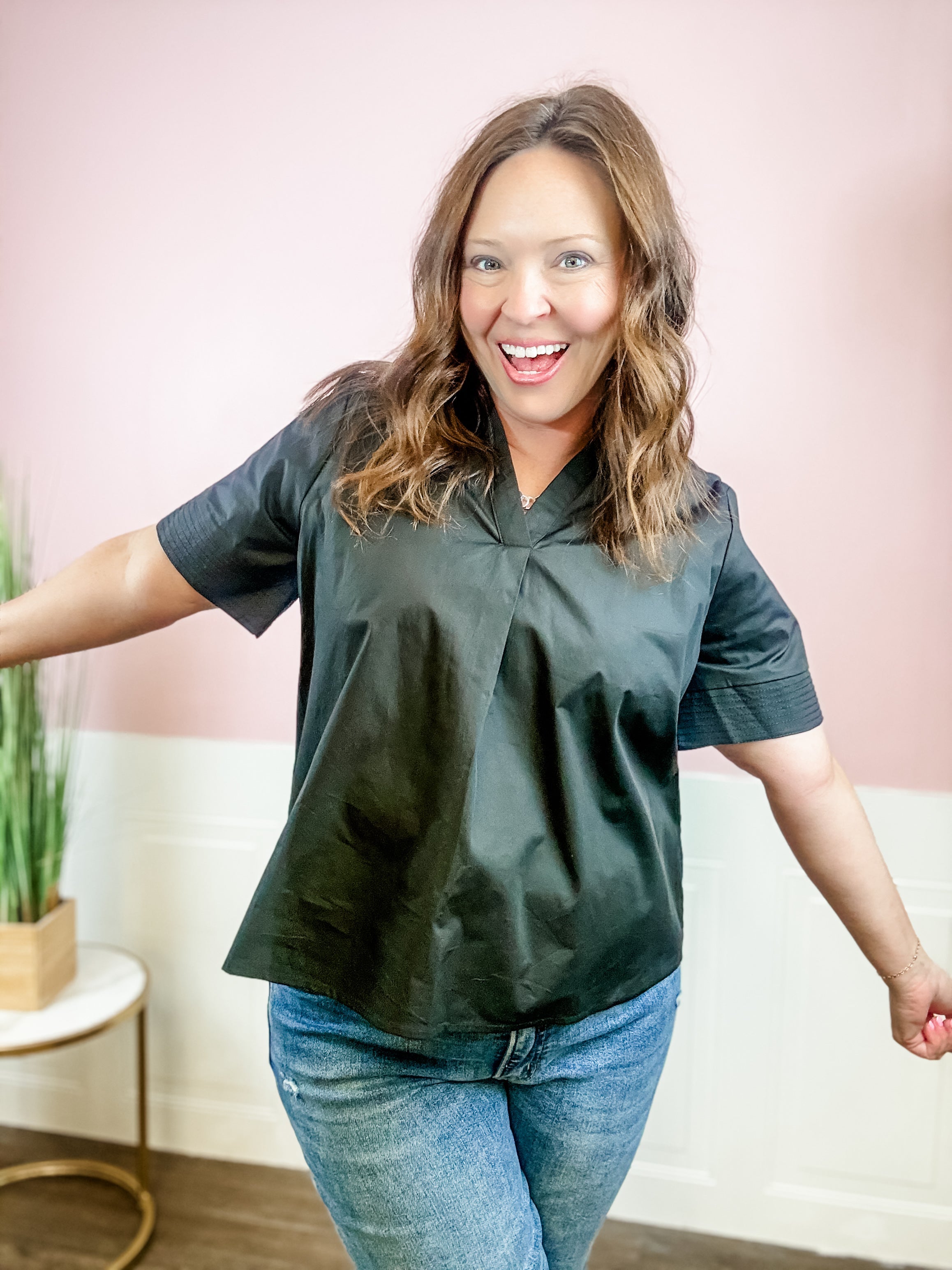 Black V-Neck Pintuck Sleeve Top - Just a Small Town Girl