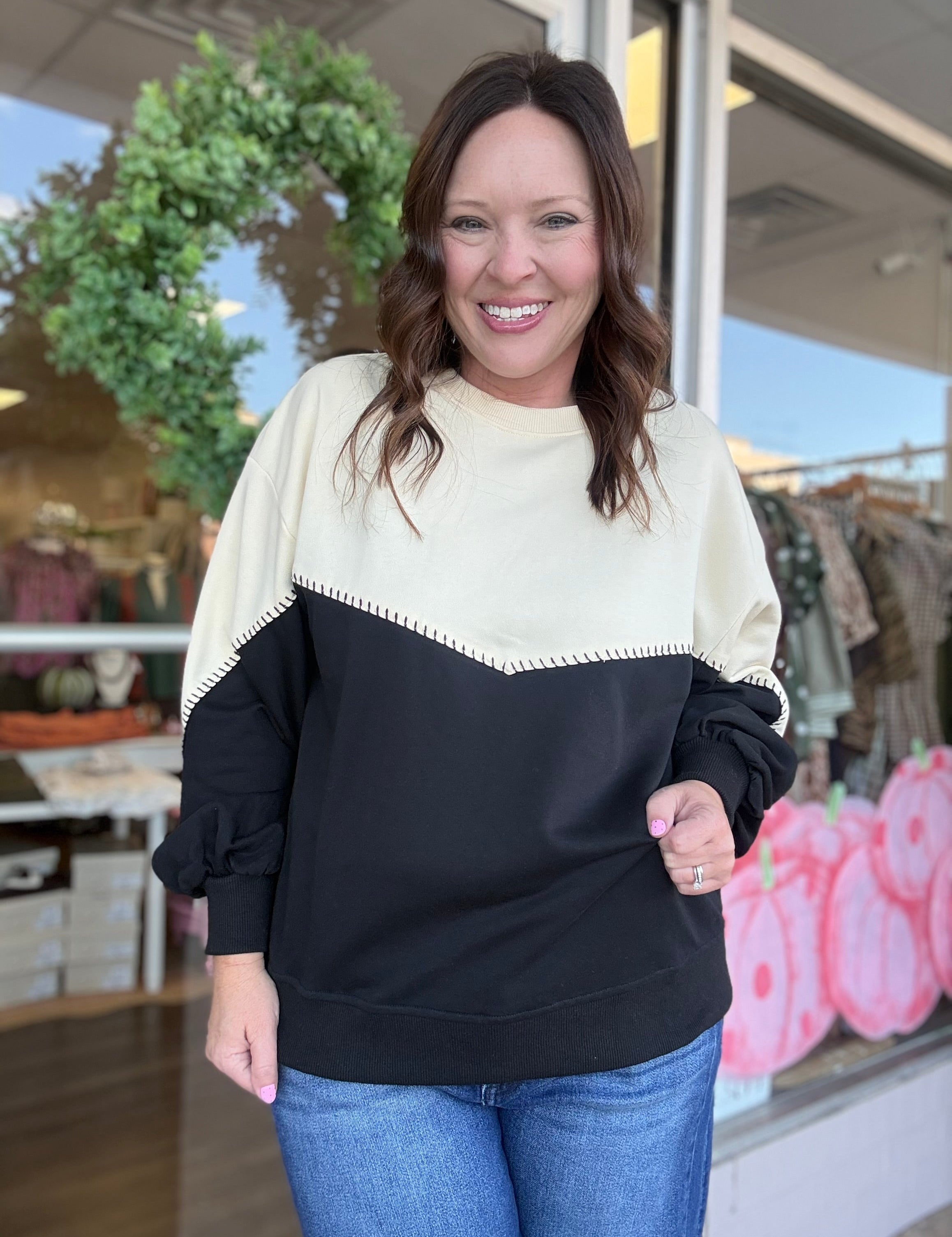 Blanket Stitch Colorblock Sweatshirt - Just a Small Town Girl