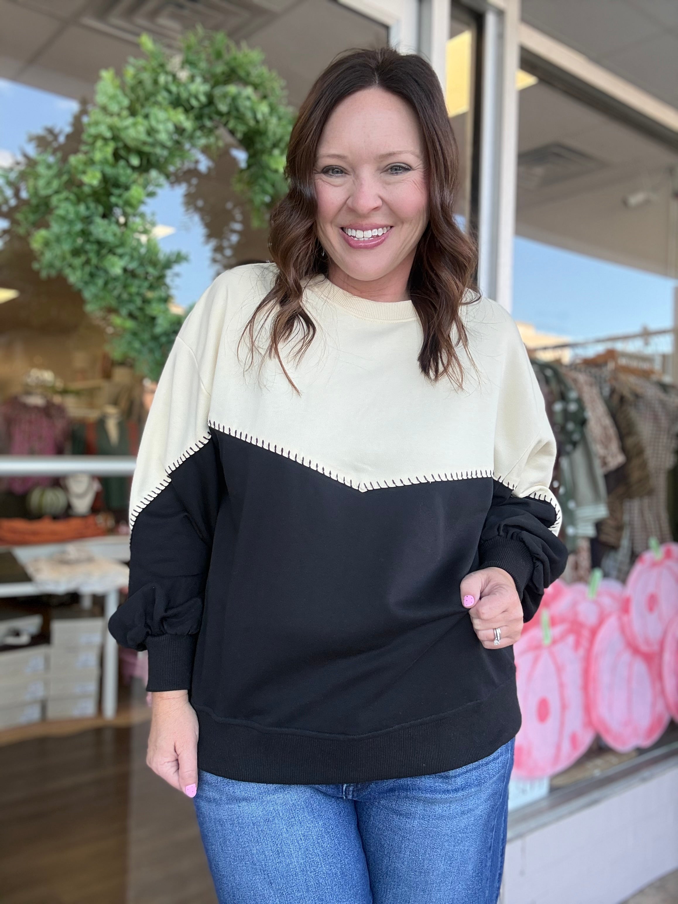 Blanket Stitch Colorblock Sweatshirt - Just a Small Town Girl