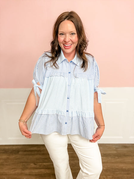 Blue Me Away Stripe Ruffle Top - Just a Small Town Girl