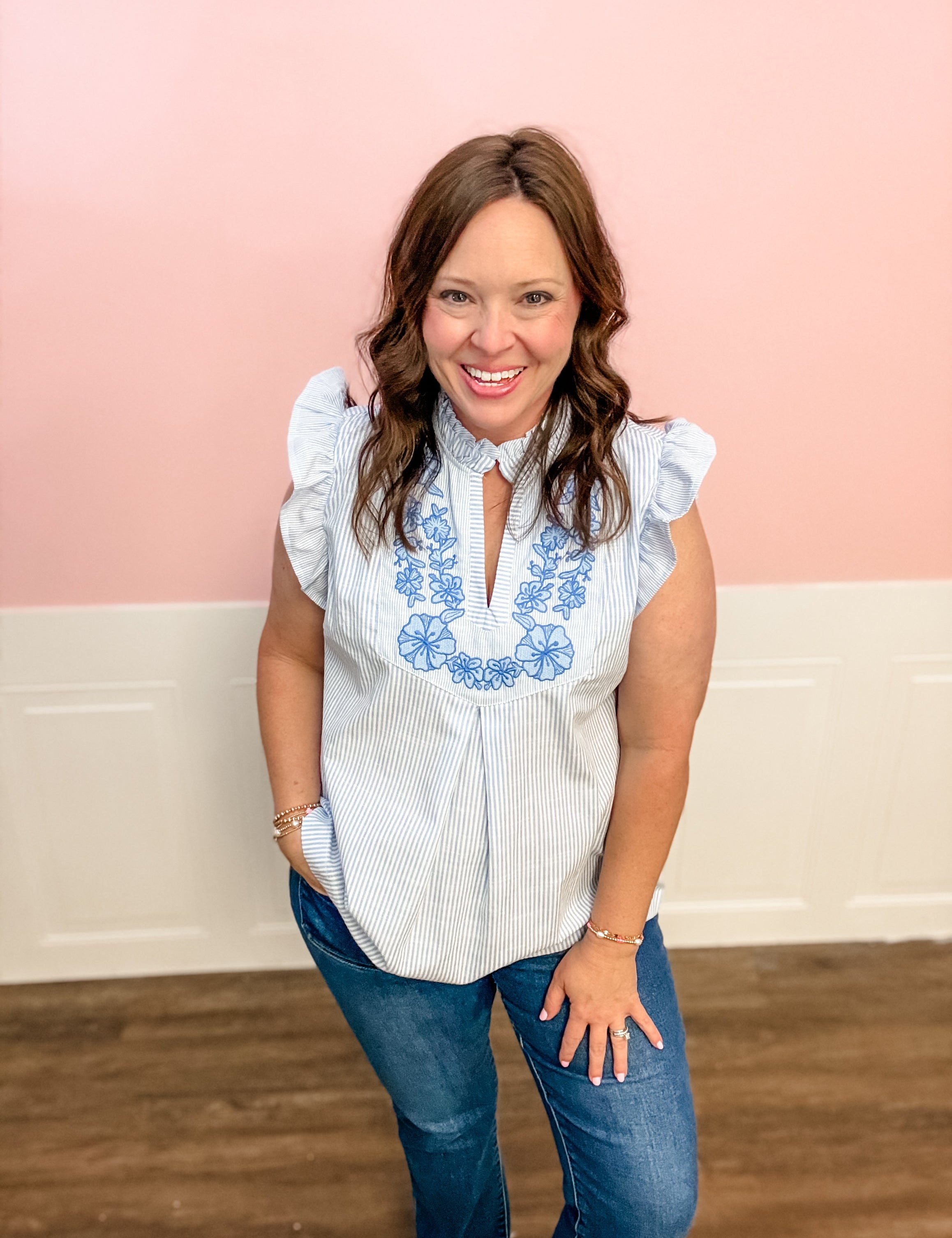 Blue Skies Embroidered Blouse - Just a Small Town Girl