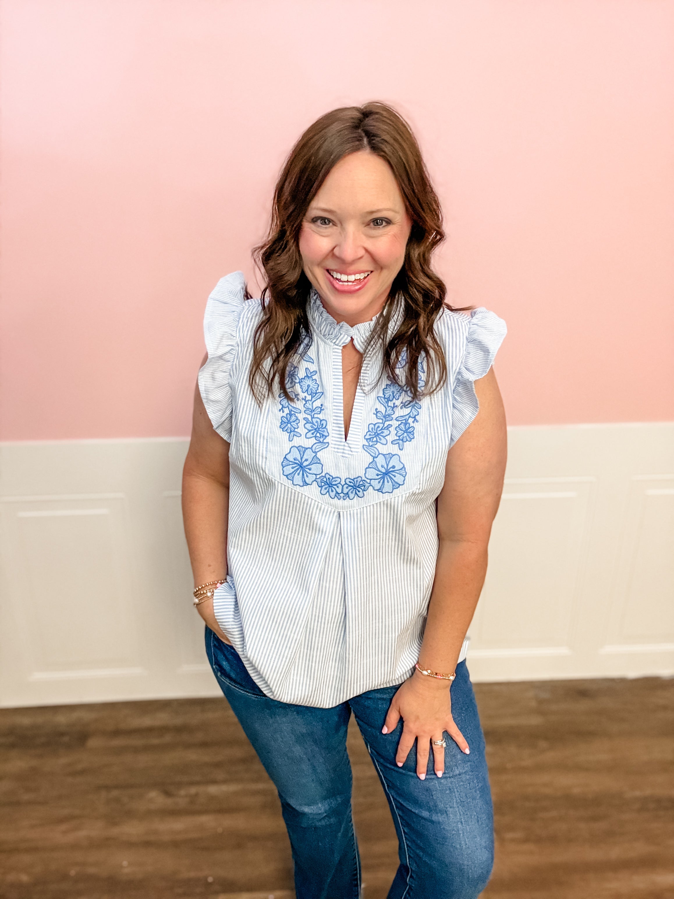 Blue Skies Embroidered Blouse - Just a Small Town Girl