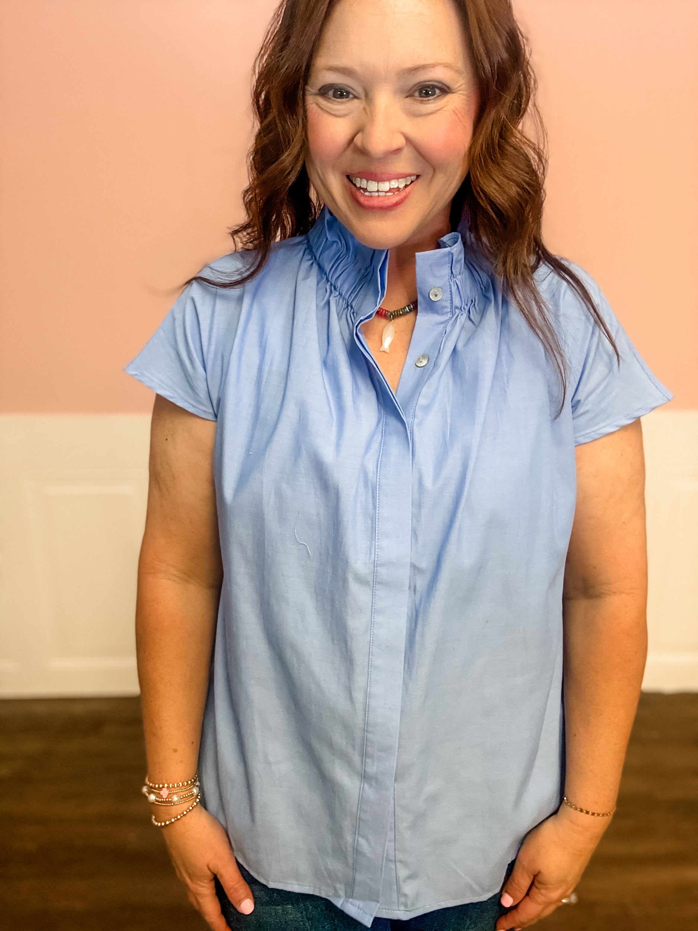 Blue Skies Ruffle Collar Top - Just a Small Town Girl