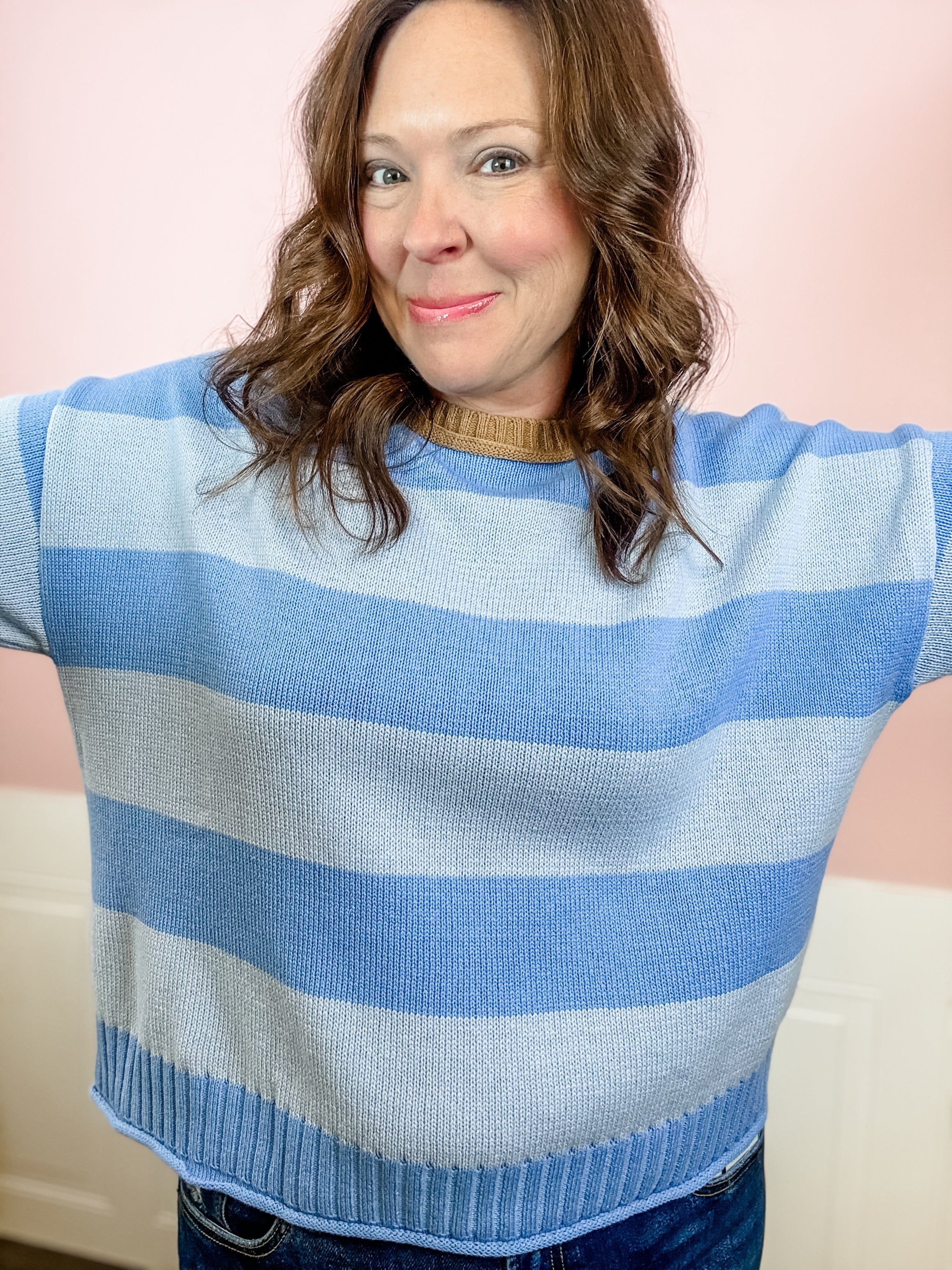 Blue Stripe Contrast Collar Sweater - Just a Small Town Girl